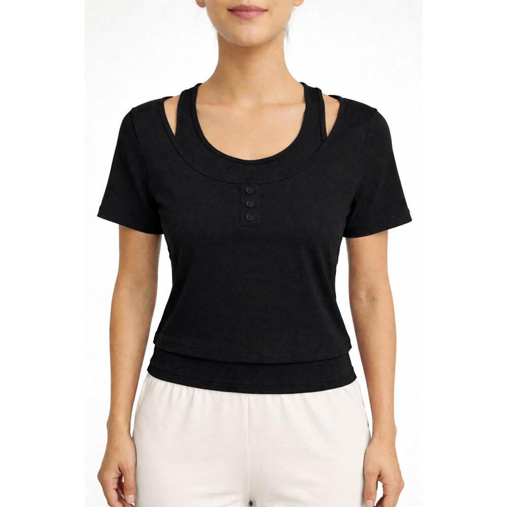 NWT Halara UltraSculpt Layered Scoop Neck Crop Tee Black Size Small